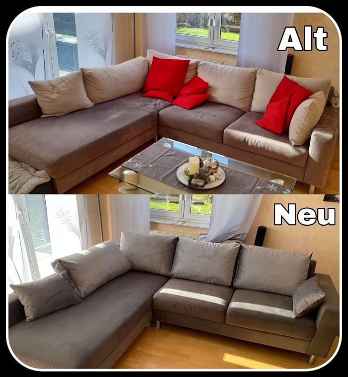 Ecksofa mit losen Kissen  Neubezug und Aufpolsterung